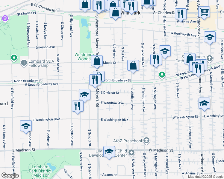 map of restaurants, bars, coffee shops, grocery stores, and more near 1042 East Division Street in Lombard