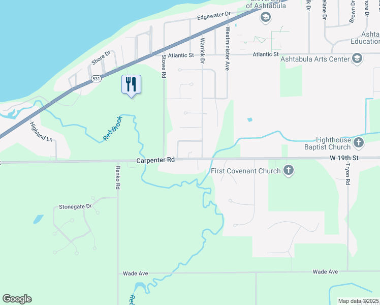map of restaurants, bars, coffee shops, grocery stores, and more near 4001 Carpenter Road in Ashtabula