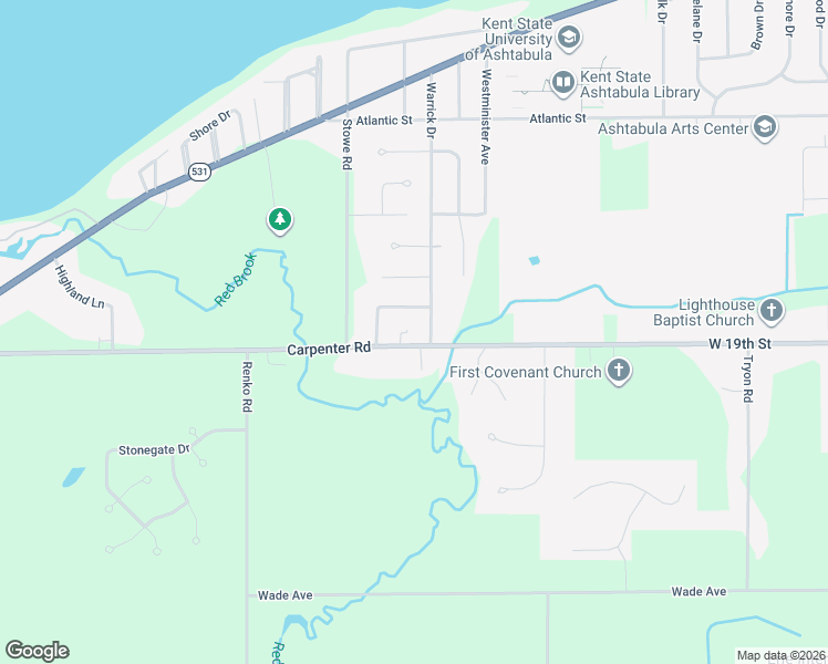 map of restaurants, bars, coffee shops, grocery stores, and more near 4001 Carpenter Road in Ashtabula