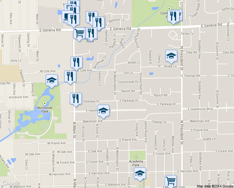 map of restaurants, bars, coffee shops, grocery stores, and more near 404 Ranch Road in Wheaton