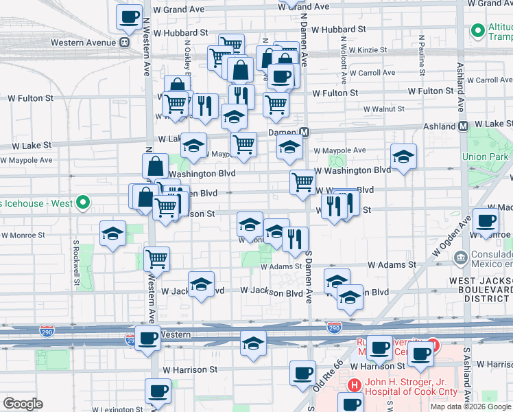 map of restaurants, bars, coffee shops, grocery stores, and more near 2116 West Madison Street in Chicago