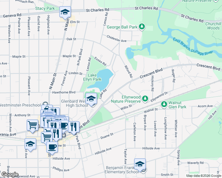 map of restaurants, bars, coffee shops, grocery stores, and more near 708 Crescent Boulevard in Glen Ellyn