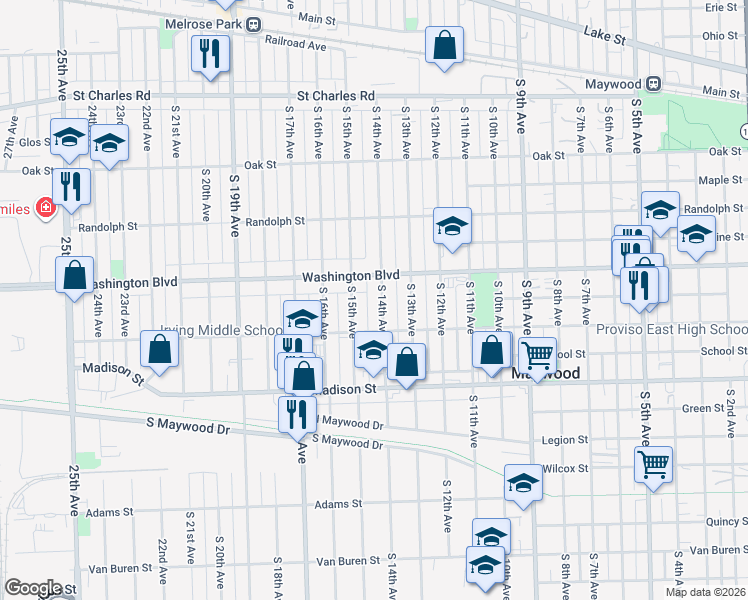 map of restaurants, bars, coffee shops, grocery stores, and more near 620 S 14th Ave in Maywood