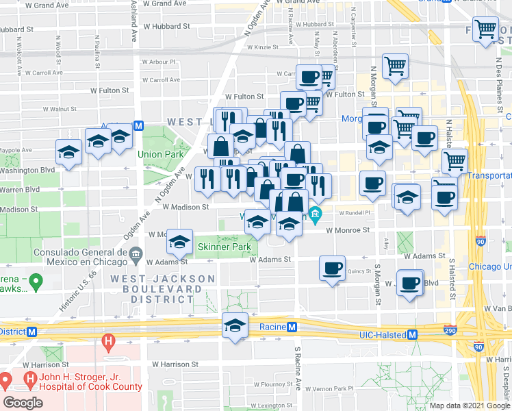 map of restaurants, bars, coffee shops, grocery stores, and more near West Madison Street & North Throop Street in Chicago