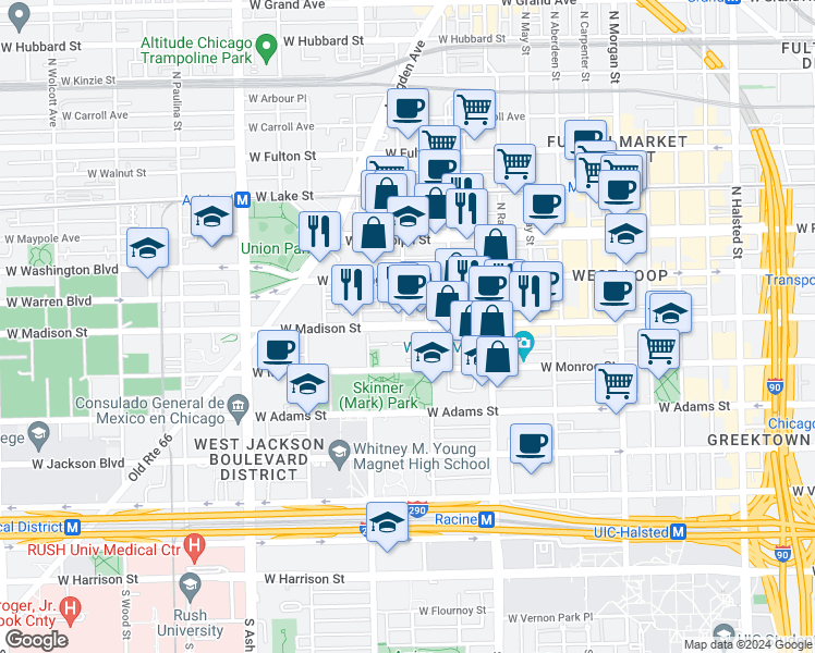 map of restaurants, bars, coffee shops, grocery stores, and more near 1301 West Madison Street in Chicago