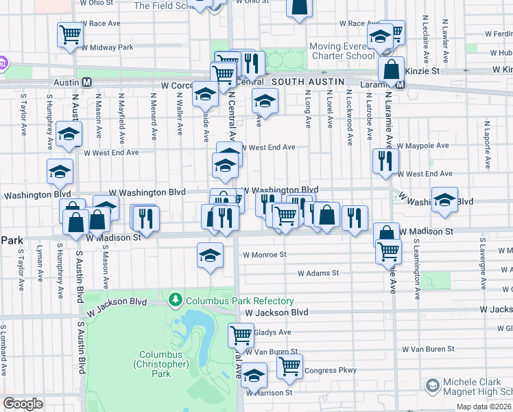 map of restaurants, bars, coffee shops, grocery stores, and more near 46 North Pine Avenue in Chicago