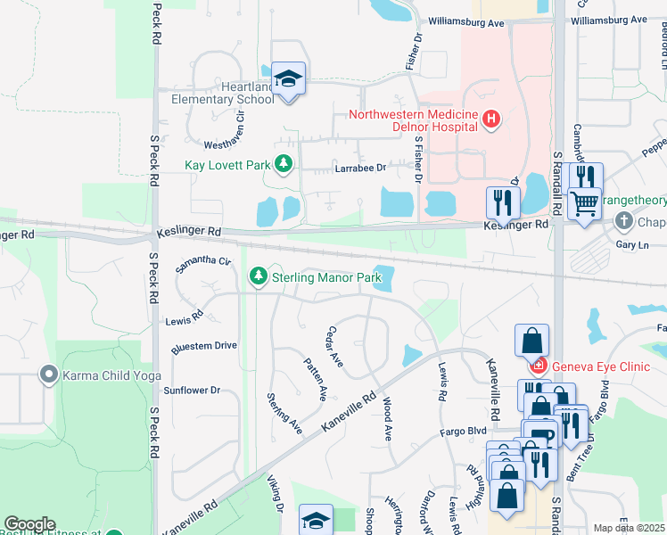 map of restaurants, bars, coffee shops, grocery stores, and more near 2889 Caldwell Lane in Geneva