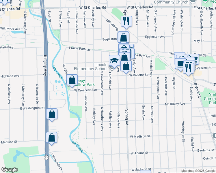 map of restaurants, bars, coffee shops, grocery stores, and more near 614 Fairfield Avenue in Elmhurst