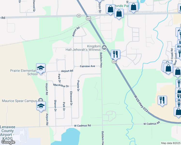 map of restaurants, bars, coffee shops, grocery stores, and more near 2532 Prairie Drive in Adrian