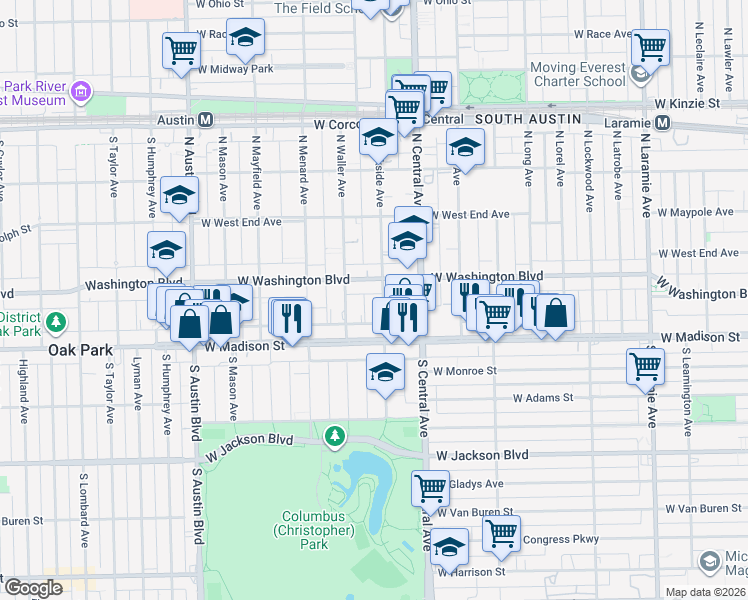 map of restaurants, bars, coffee shops, grocery stores, and more near 44 North Parkside Avenue in Chicago