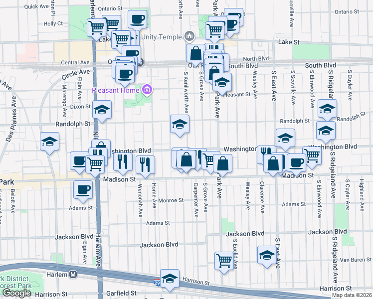 map of restaurants, bars, coffee shops, grocery stores, and more near 853 Washington Boulevard in Oak Park