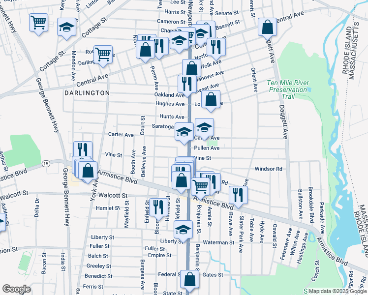 map of restaurants, bars, coffee shops, grocery stores, and more near 974 Newport Avenue in Pawtucket