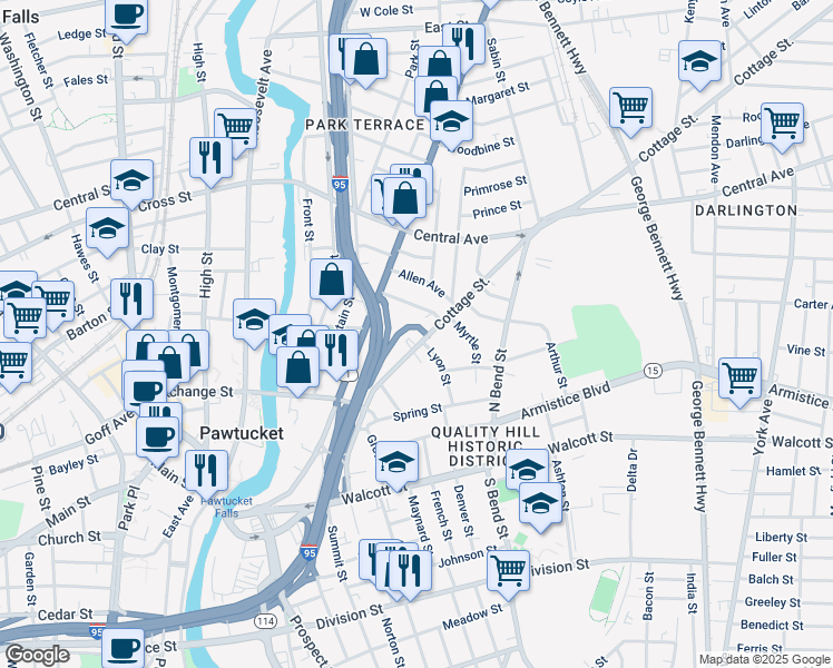 map of restaurants, bars, coffee shops, grocery stores, and more near 128 Cottage Street in Pawtucket