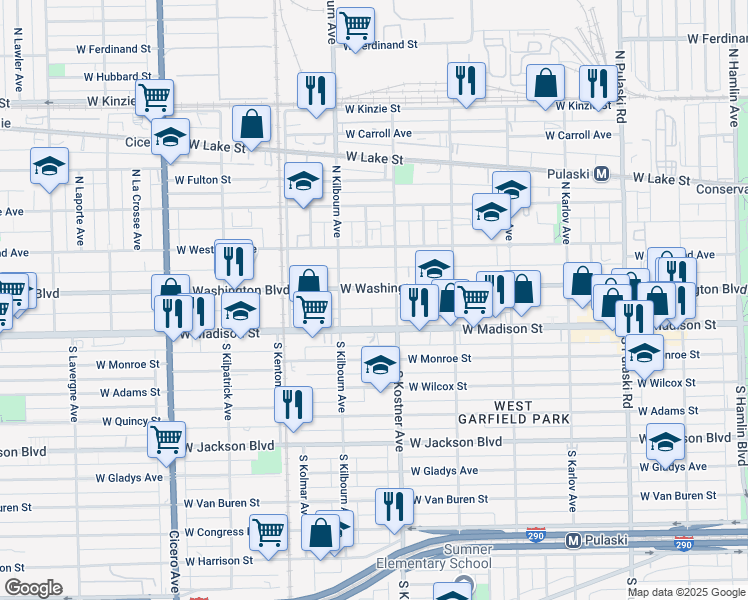 map of restaurants, bars, coffee shops, grocery stores, and more near 4423 W Washington Blvd in Chicago