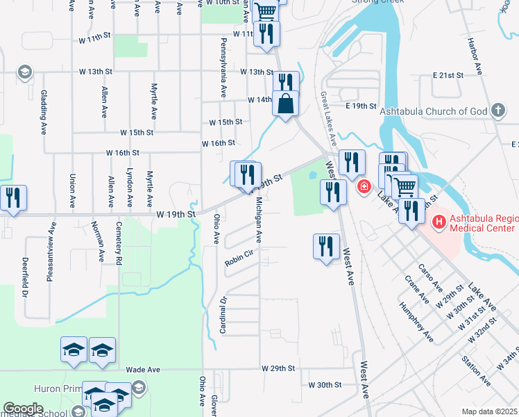 map of restaurants, bars, coffee shops, grocery stores, and more near 1977 Michigan Avenue in Ashtabula