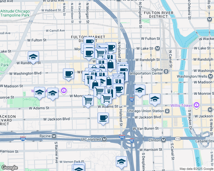 map of restaurants, bars, coffee shops, grocery stores, and more near 855 West Madison Street in Chicago