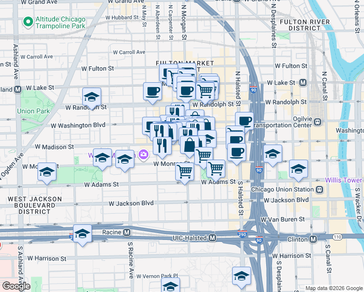 map of restaurants, bars, coffee shops, grocery stores, and more near 1015 West Madison Street in Chicago