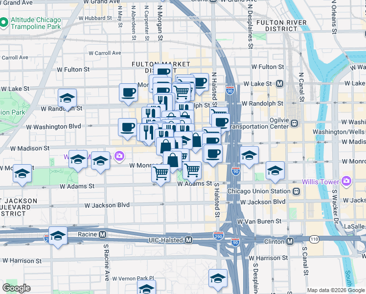map of restaurants, bars, coffee shops, grocery stores, and more near 940 West Madison Street in Chicago