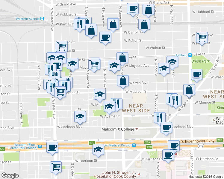 map of restaurants, bars, coffee shops, grocery stores, and more near 2036 West Madison Street in Chicago