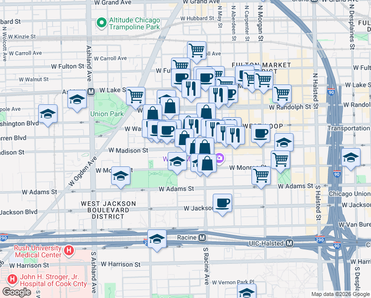 map of restaurants, bars, coffee shops, grocery stores, and more near W Madison St & N Elizabeth St in Chicago