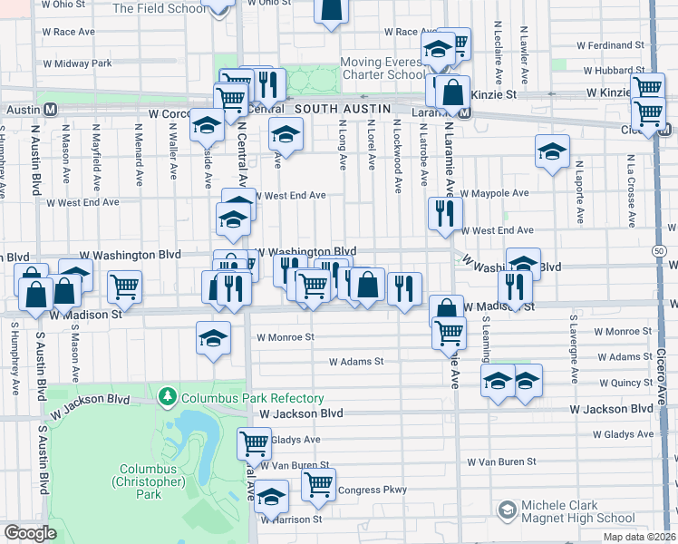 map of restaurants, bars, coffee shops, grocery stores, and more near 38 North Long Avenue in Chicago