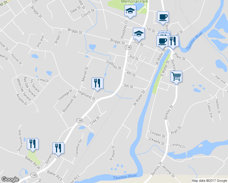 map of restaurants, bars, coffee shops, grocery stores, and more near 581 Somerset Avenue in Taunton