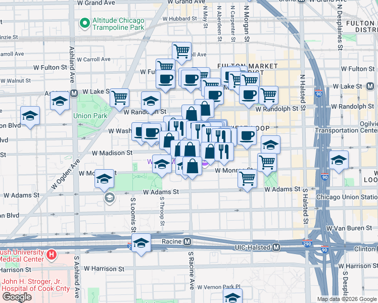 map of restaurants, bars, coffee shops, grocery stores, and more near S Racine Ave & W Madison St in Chicago