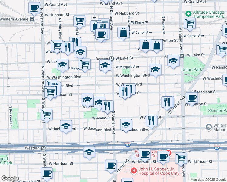 map of restaurants, bars, coffee shops, grocery stores, and more near 5007 North Damen Avenue in Chicago