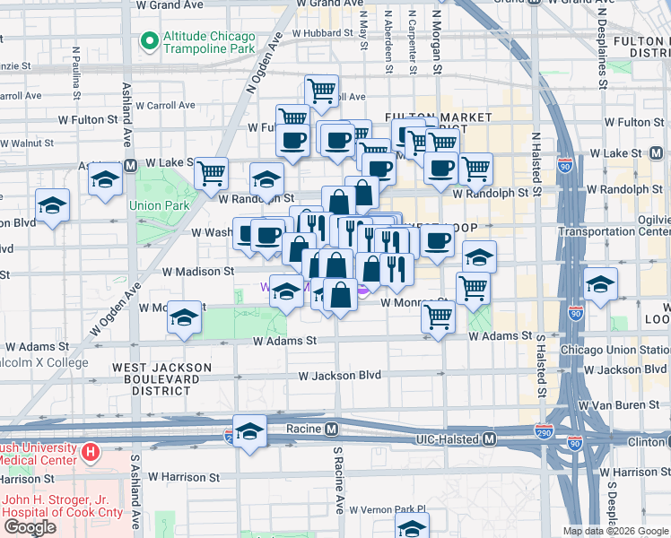 map of restaurants, bars, coffee shops, grocery stores, and more near 1187 West Madison Street in Chicago