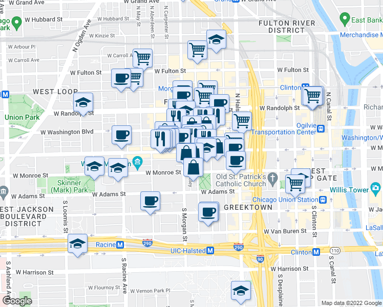 map of restaurants, bars, coffee shops, grocery stores, and more near 940 West Madison Street in Chicago