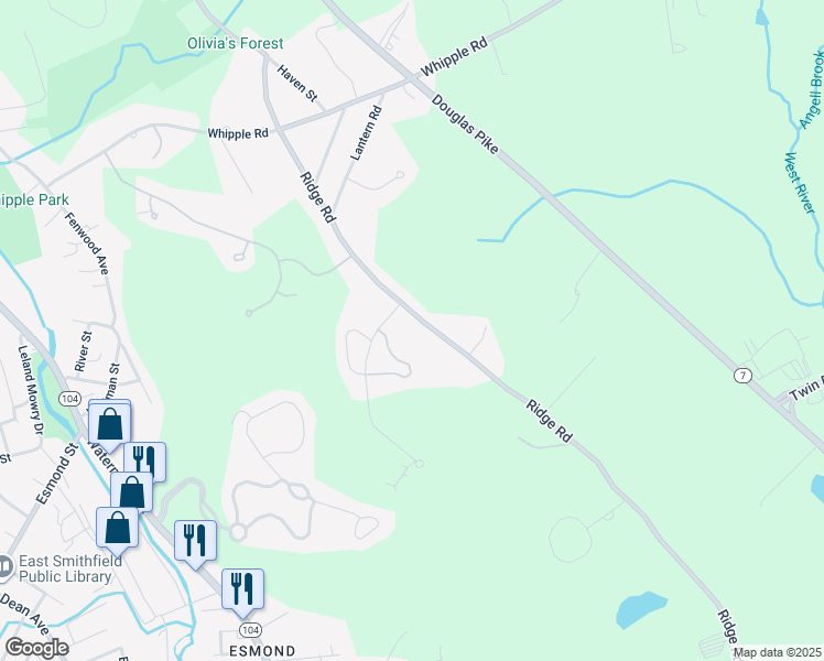 map of restaurants, bars, coffee shops, grocery stores, and more near 171 Ridge Road in Smithfield