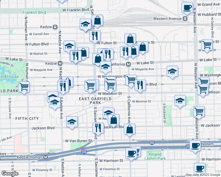 map of restaurants, bars, coffee shops, grocery stores, and more near 14 North Francisco Avenue in Chicago