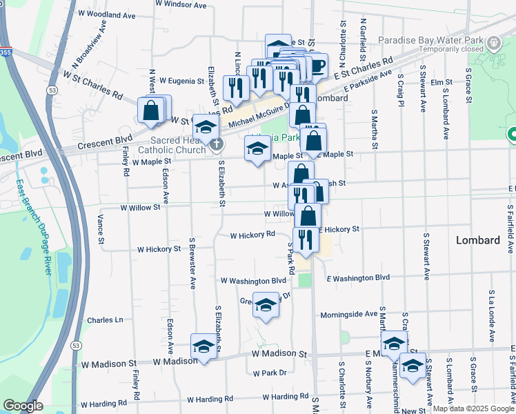 map of restaurants, bars, coffee shops, grocery stores, and more near 206 West Willow Street in Lombard