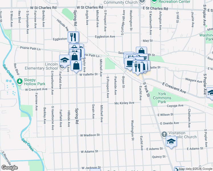 map of restaurants, bars, coffee shops, grocery stores, and more near 594 South Prospect Avenue in Elmhurst