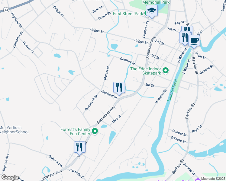 map of restaurants, bars, coffee shops, grocery stores, and more near 8 Dexter Avenue in Taunton