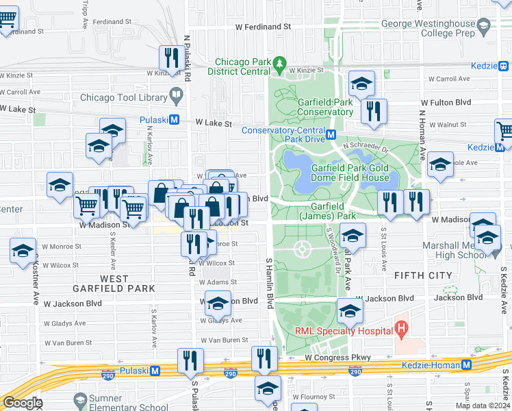 map of restaurants, bars, coffee shops, grocery stores, and more near 3813 West Washington Boulevard in Chicago