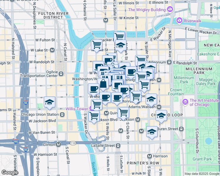 map of restaurants, bars, coffee shops, grocery stores, and more near 10 South LaSalle Street in Chicago