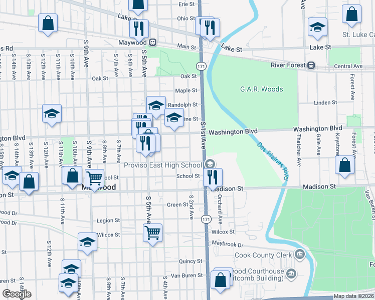 map of restaurants, bars, coffee shops, grocery stores, and more near 700 South 2nd Avenue in Maywood