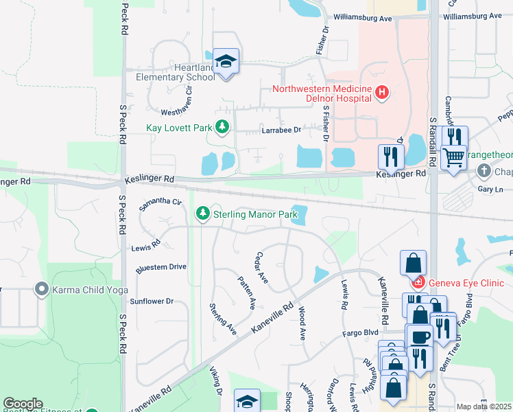 map of restaurants, bars, coffee shops, grocery stores, and more near 2889 Caldwell Lane in Geneva