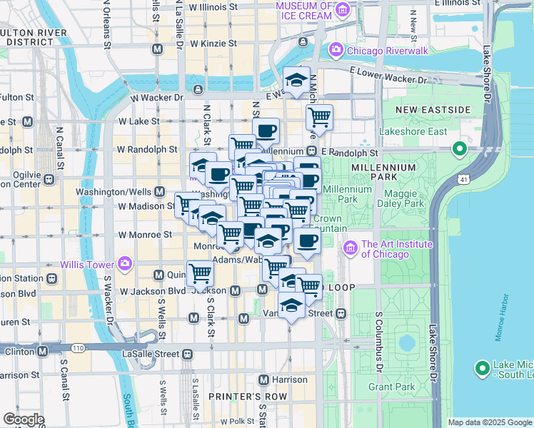 map of restaurants, bars, coffee shops, grocery stores, and more near 2 North Wabash Avenue in Chicago