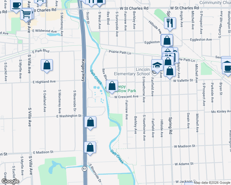 map of restaurants, bars, coffee shops, grocery stores, and more near 608 South Sunnyside Avenue in Elmhurst