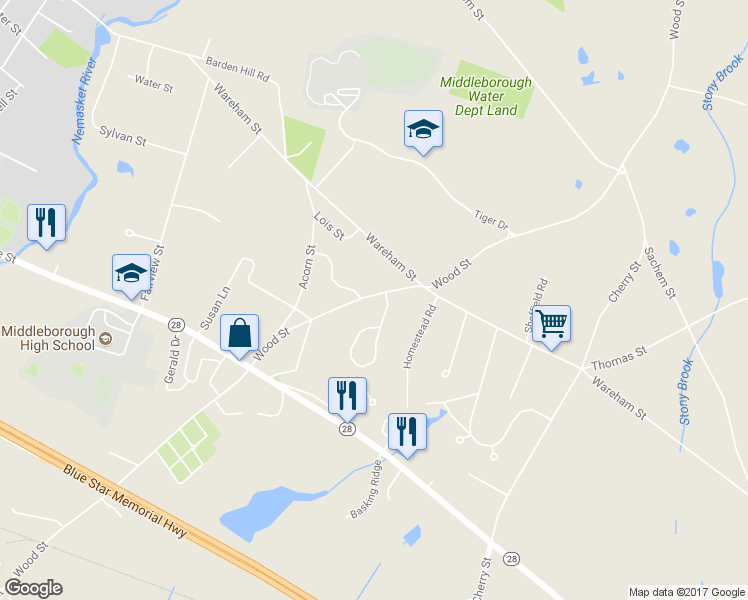 map of restaurants, bars, coffee shops, grocery stores, and more near 169 Wood Street in Middleborough
