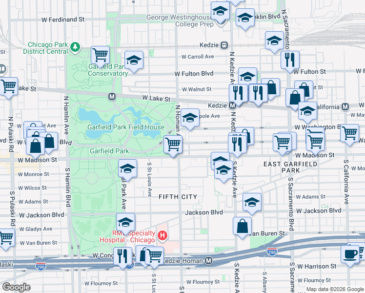map of restaurants, bars, coffee shops, grocery stores, and more near 3353 West Warren Boulevard in Chicago