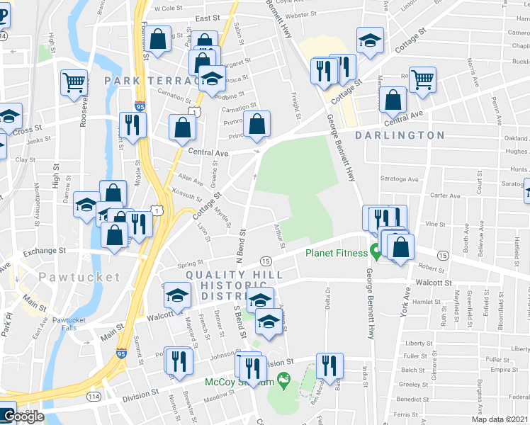 map of restaurants, bars, coffee shops, grocery stores, and more near 82 Arthur Street in Pawtucket