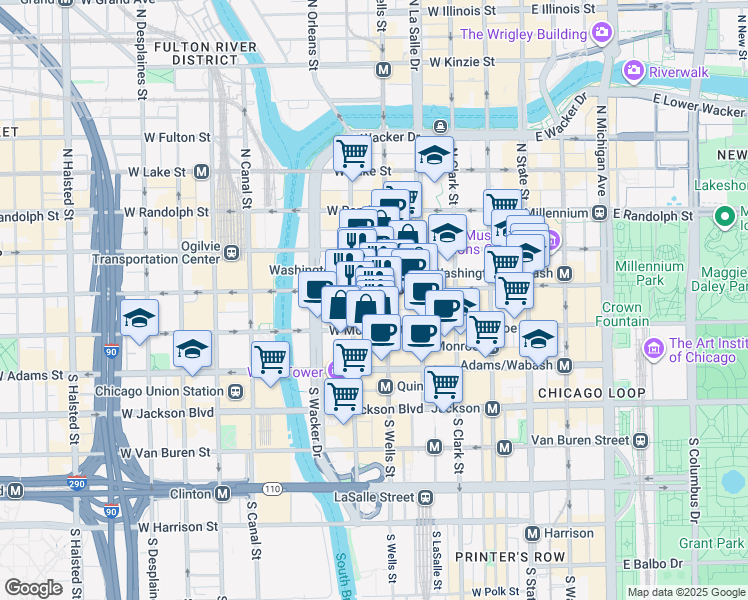 map of restaurants, bars, coffee shops, grocery stores, and more near 229 West Madison Street in Chicago