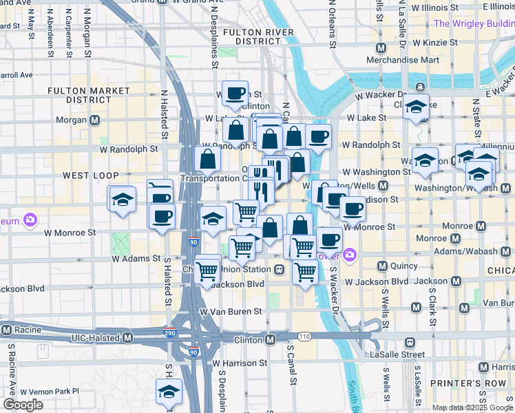map of restaurants, bars, coffee shops, grocery stores, and more near 575 West Madison Street in Chicago