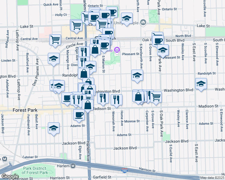 map of restaurants, bars, coffee shops, grocery stores, and more near 1020 Washington Boulevard in Oak Park