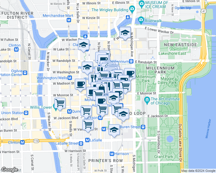 map of restaurants, bars, coffee shops, grocery stores, and more near 10 South State Street in Chicago