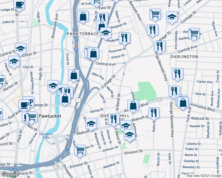 map of restaurants, bars, coffee shops, grocery stores, and more near 144 North Bend Street in Pawtucket