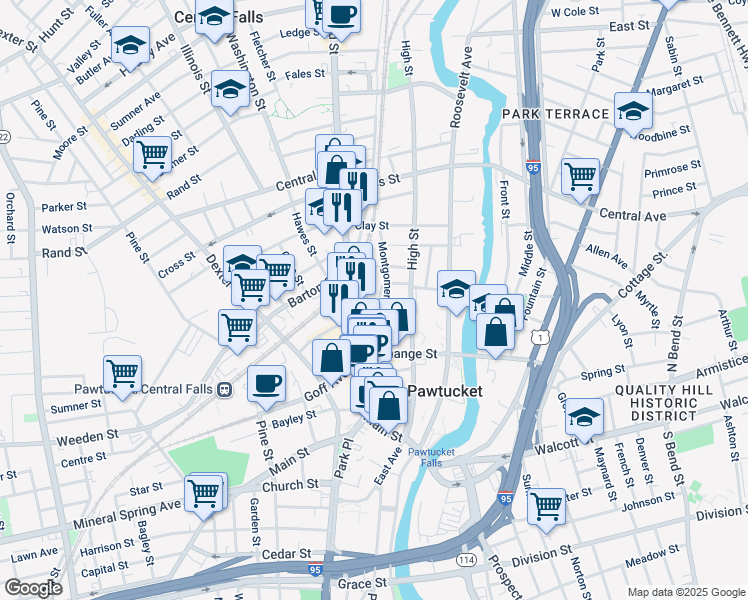 map of restaurants, bars, coffee shops, grocery stores, and more near 86 Montgomery Street in Pawtucket